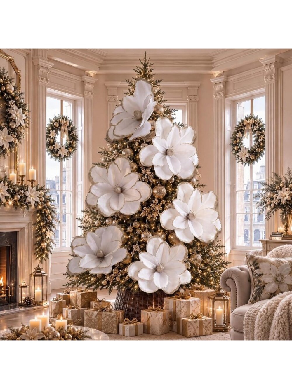 8 Pack Large 20'' White Velvet Magnolia Flowers for Holiday Decor & Arrangements